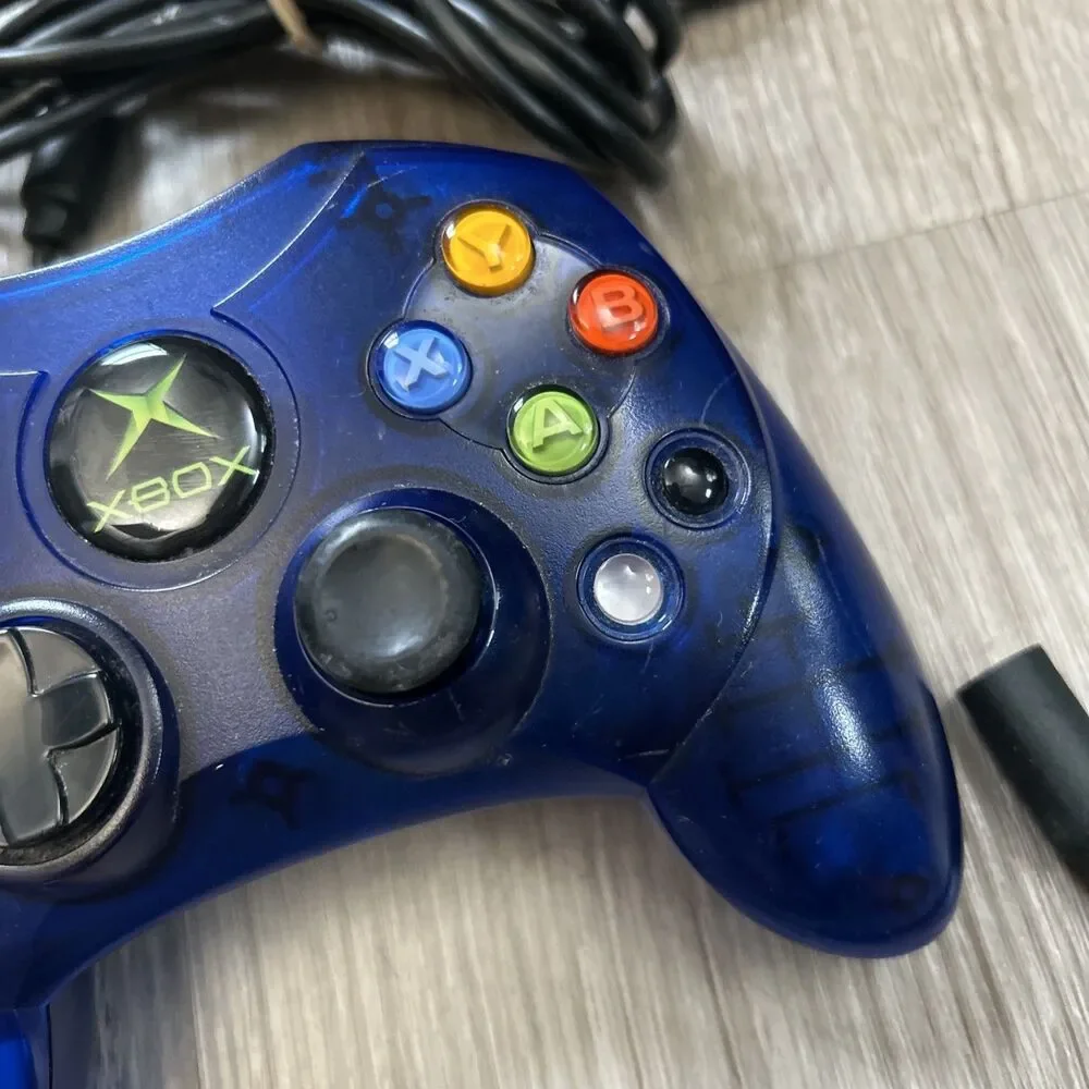 Original Xbox Controller S-Type Clear Blue Genuine OEM w/ Breakaway Cable Tested